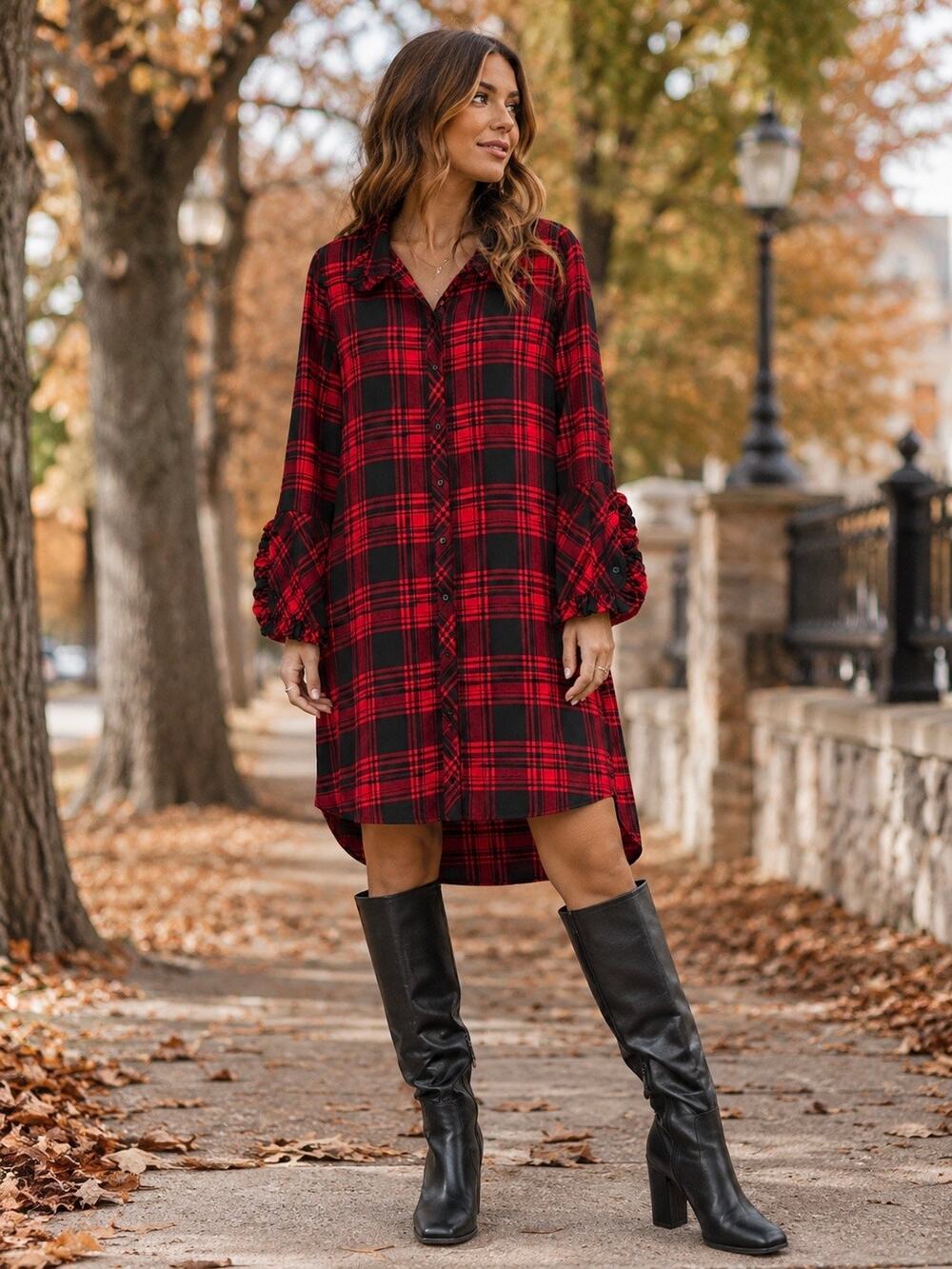 Soft Surroundings Bennington Shirt Dress Red Black Plaid Large Fall Staple NEW